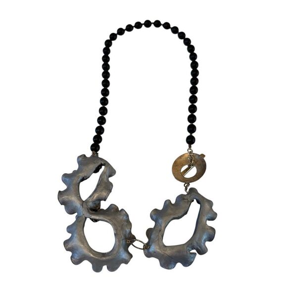 One Of A Kind Black & White Polymer Clay & SS Statement Necklace. - Picture 4 of 6